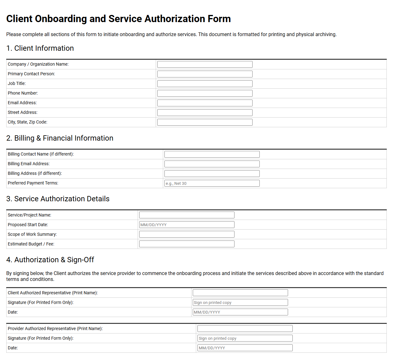 Client Onboarding and Service Authorization Form