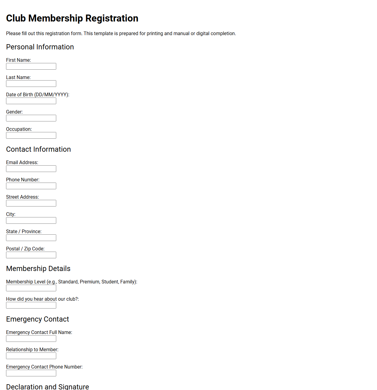Club Membership Registration Template