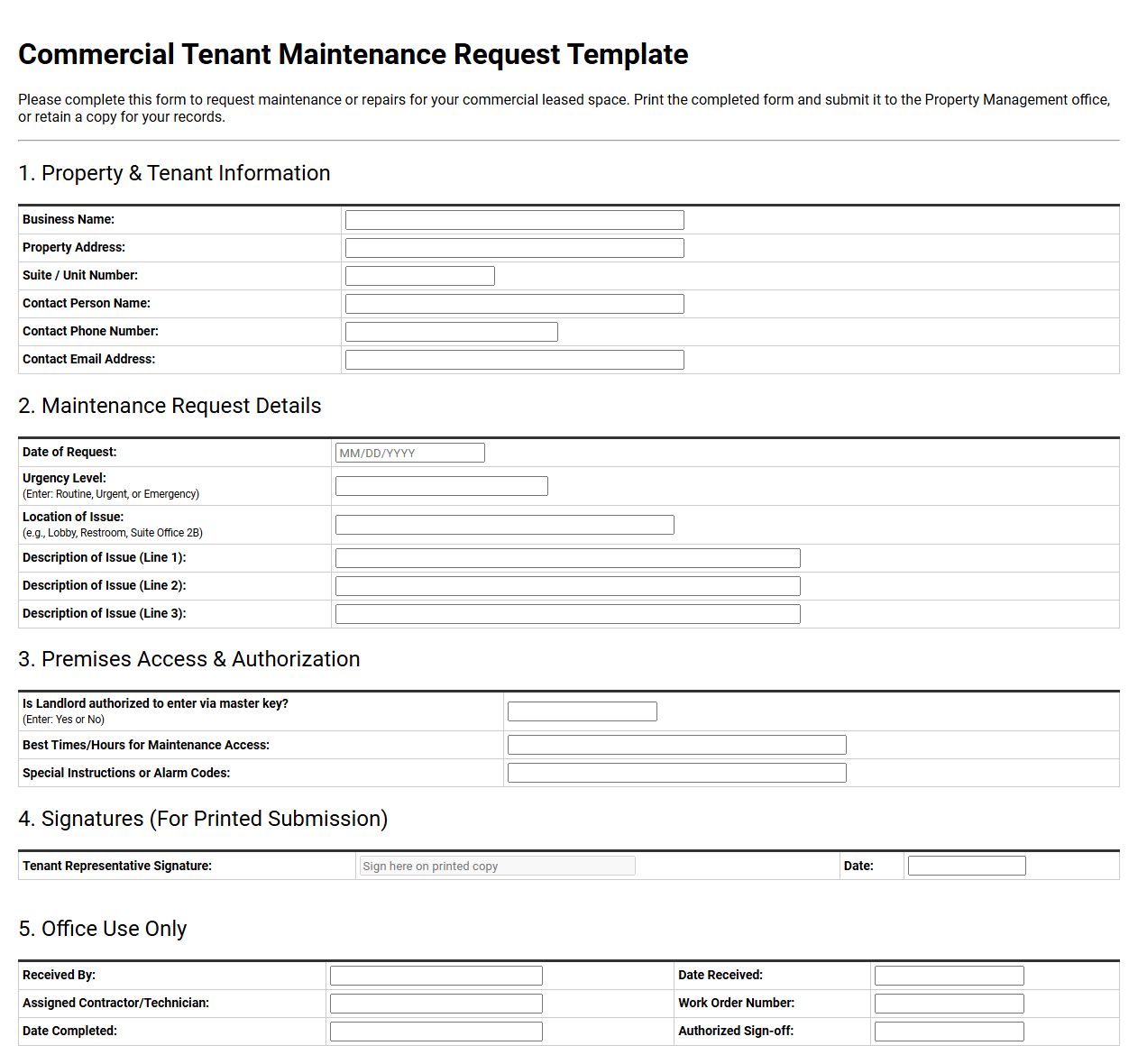 Commercial Tenant Maintenance Request Template