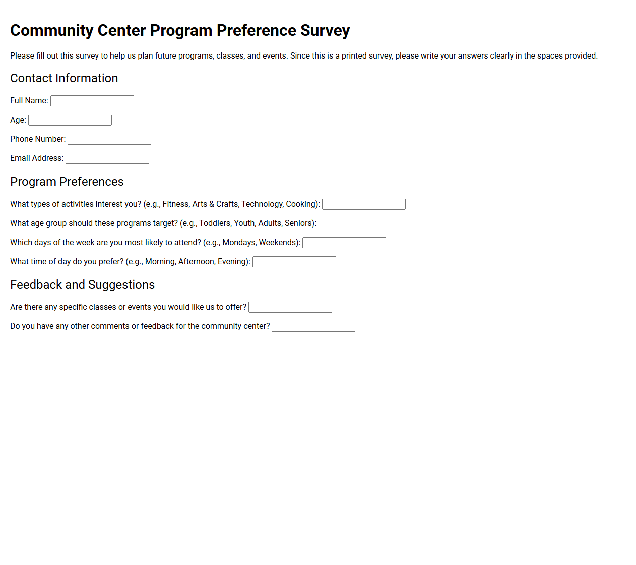 Community Center Program Preference Survey