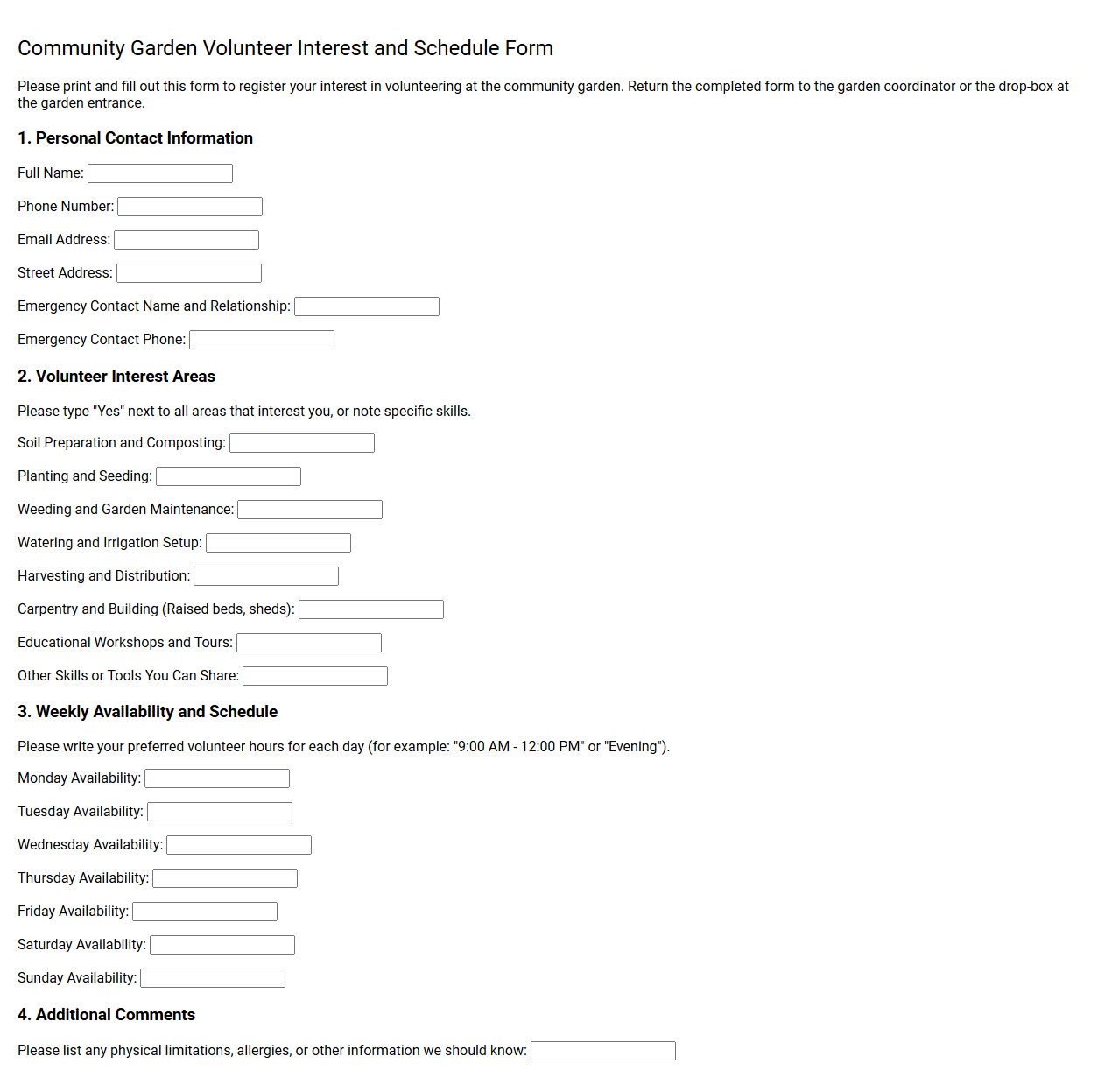 Community Garden Volunteer Interest and Schedule Form