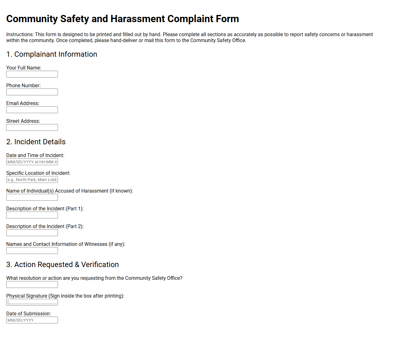 Community Safety and Harassment Complaint Form
