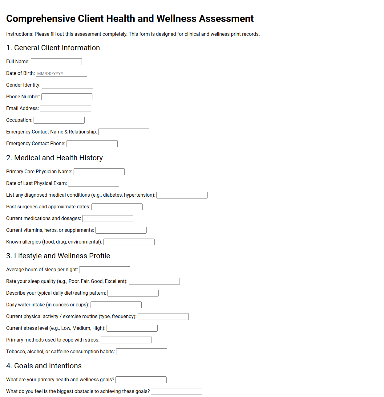 Comprehensive Client Health and Wellness Assessment