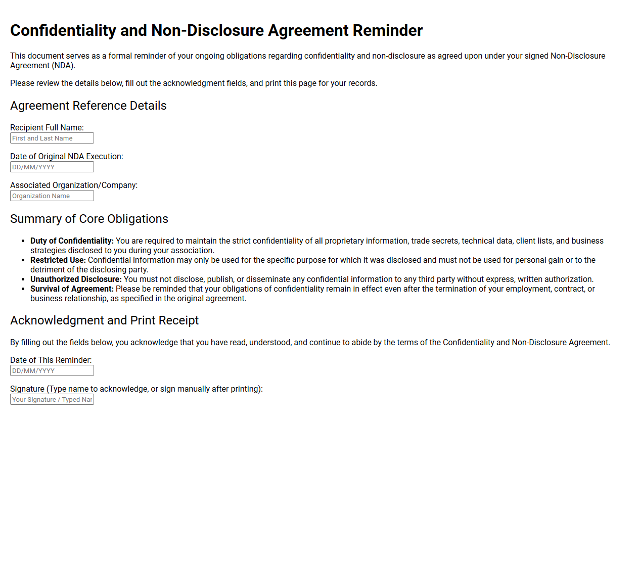 Confidentiality and Non-Disclosure Agreement Reminder