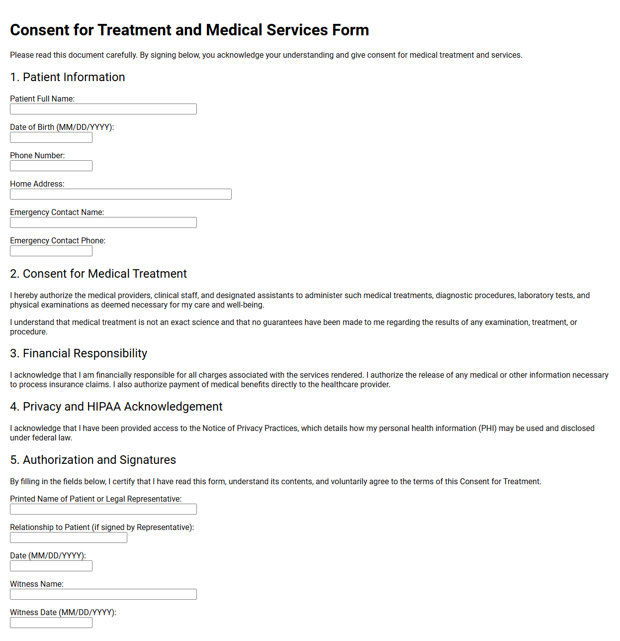 Consent for Treatment and Medical Services Form