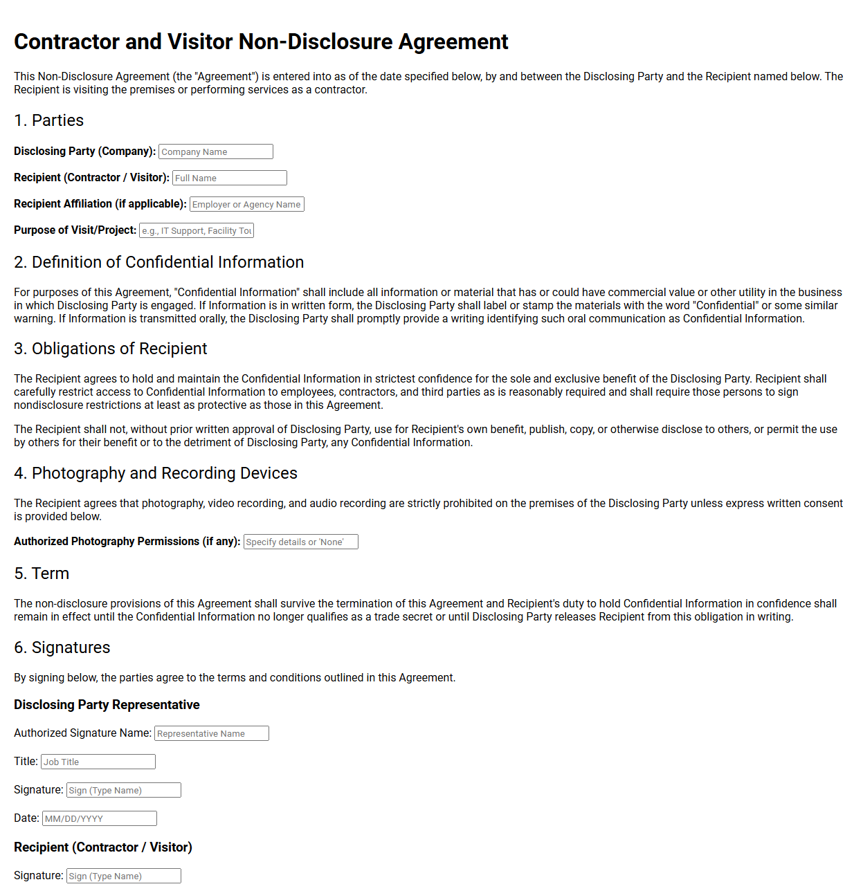 Contractor and Visitor NDA Template