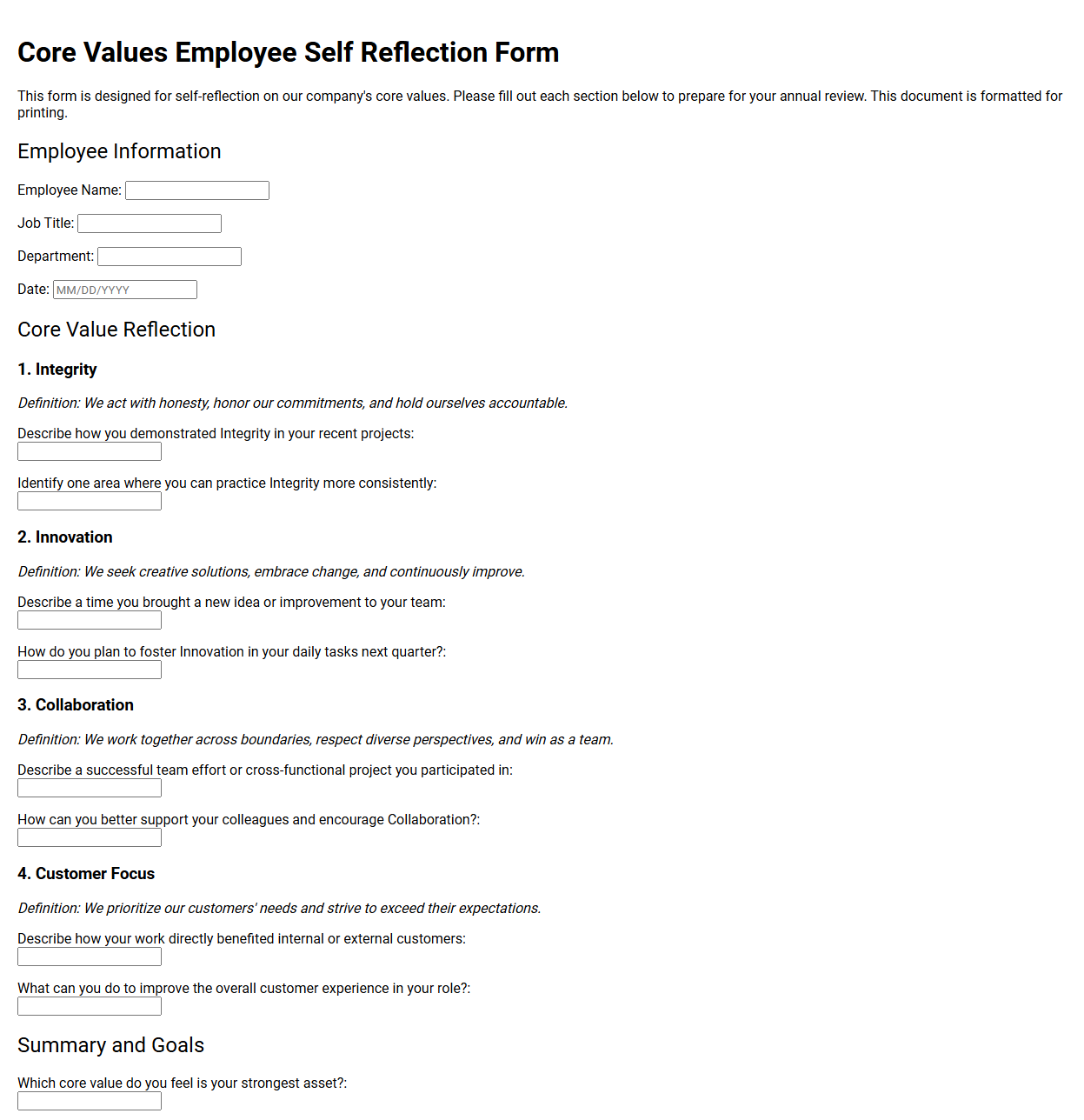 Core Values Employee Self Reflection Form