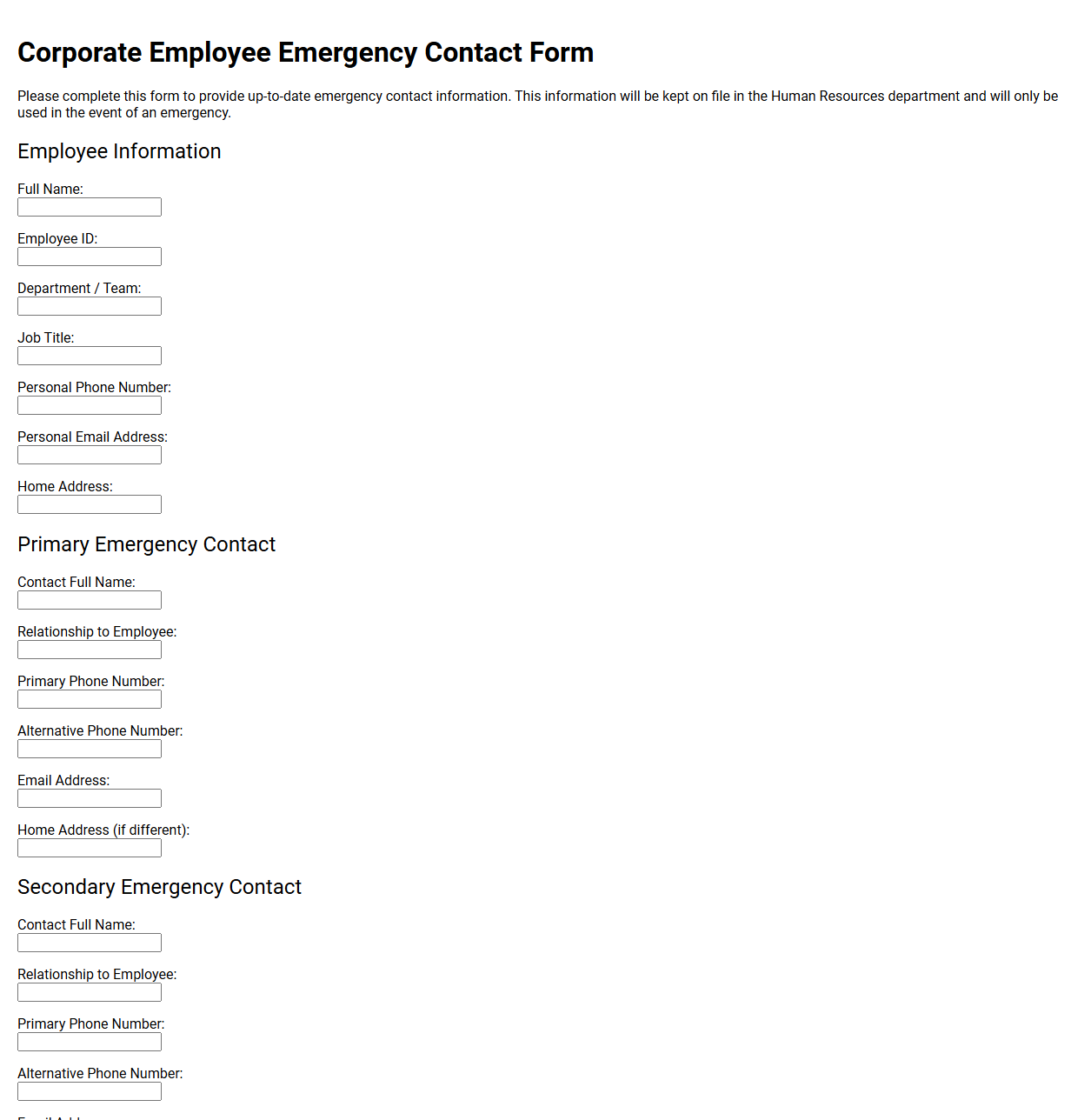Corporate Employee Emergency Contact Form Template
