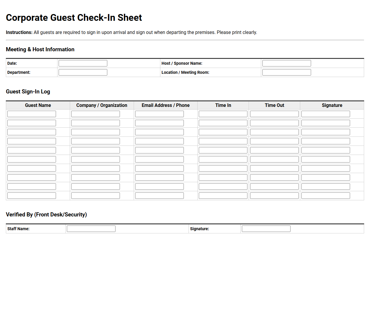 Corporate Guest Check In Sheet Template