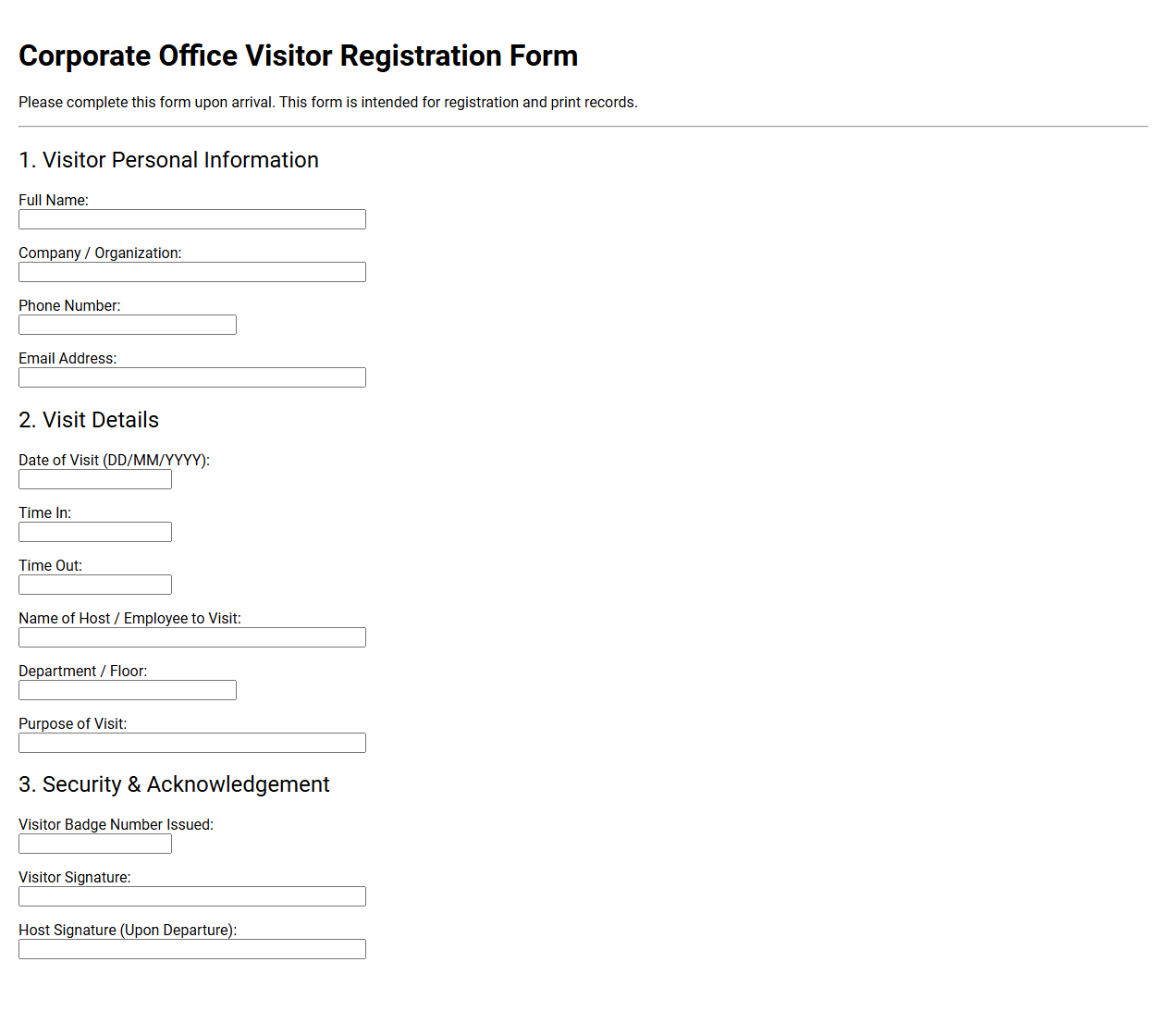 Corporate Office Visitor Registration Form