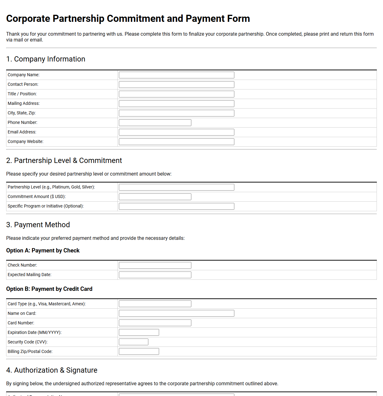 Corporate Partnership Commitment and Payment Form