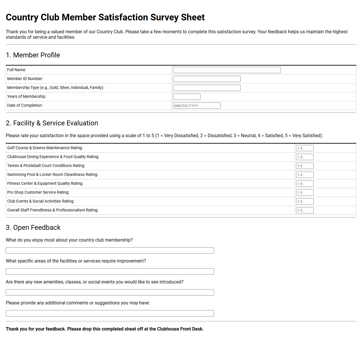 Country Club Member Satisfaction Survey Sheet