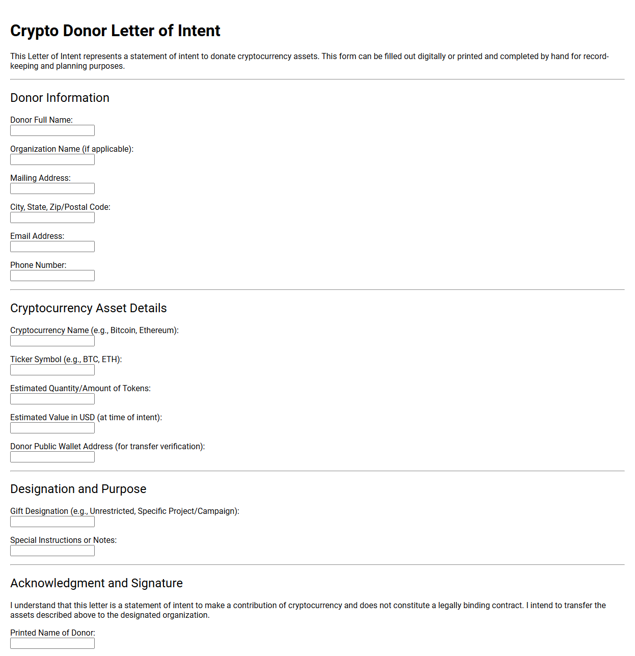 Crypto Donor Letter of Intent Form