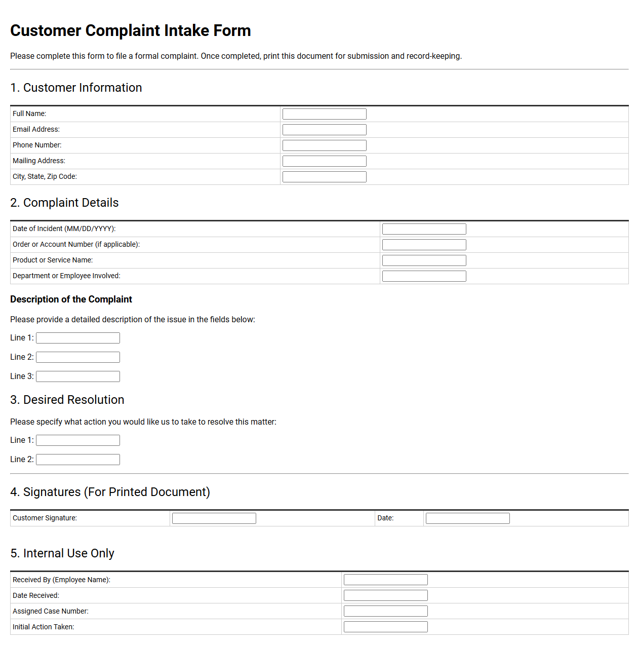 Customer Complaint Intake Form