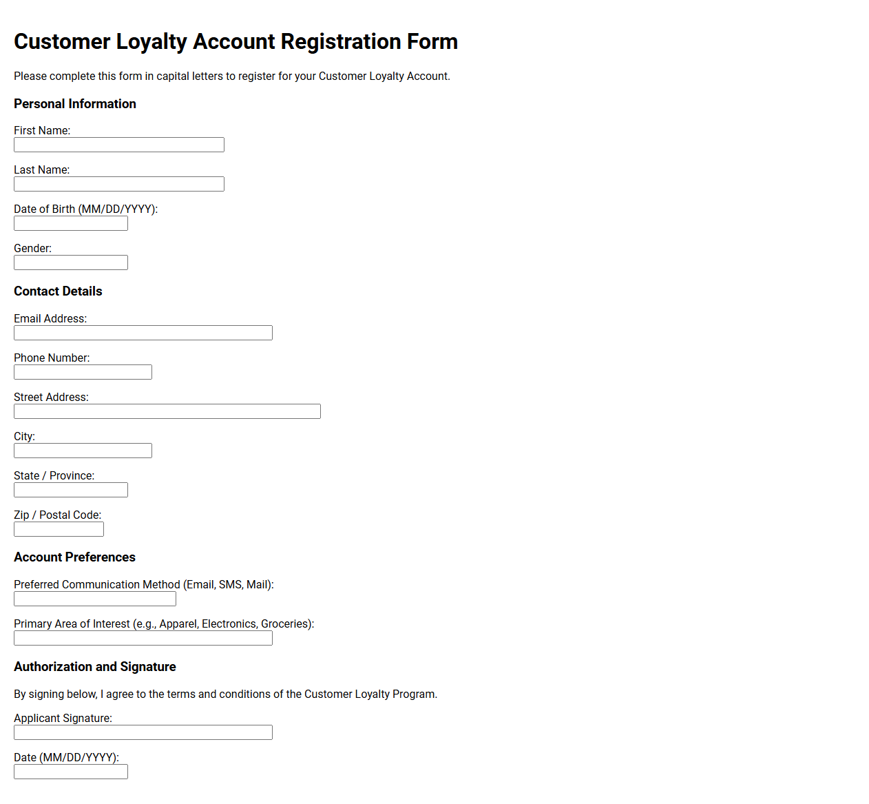Customer Loyalty Account Registration Form