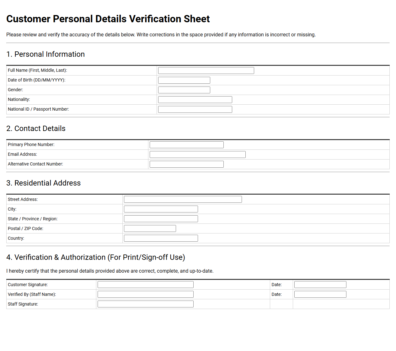Customer Personal Details Verification Sheet