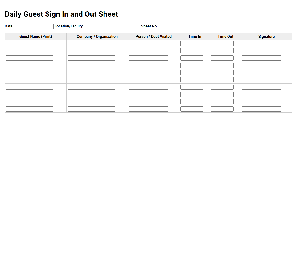 Daily Guest Sign In and Out Sheet