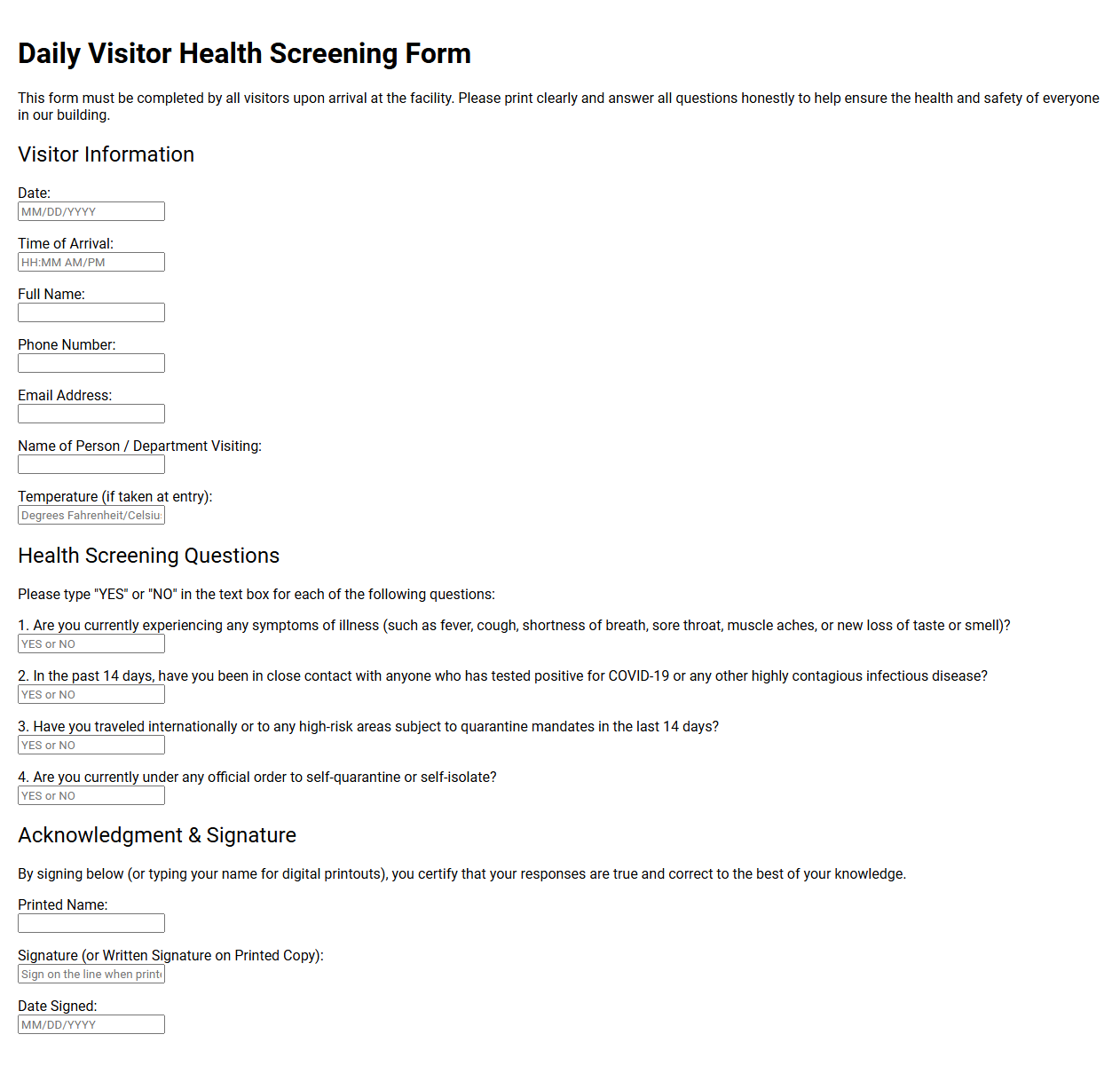 Daily Visitor Health Screening Form