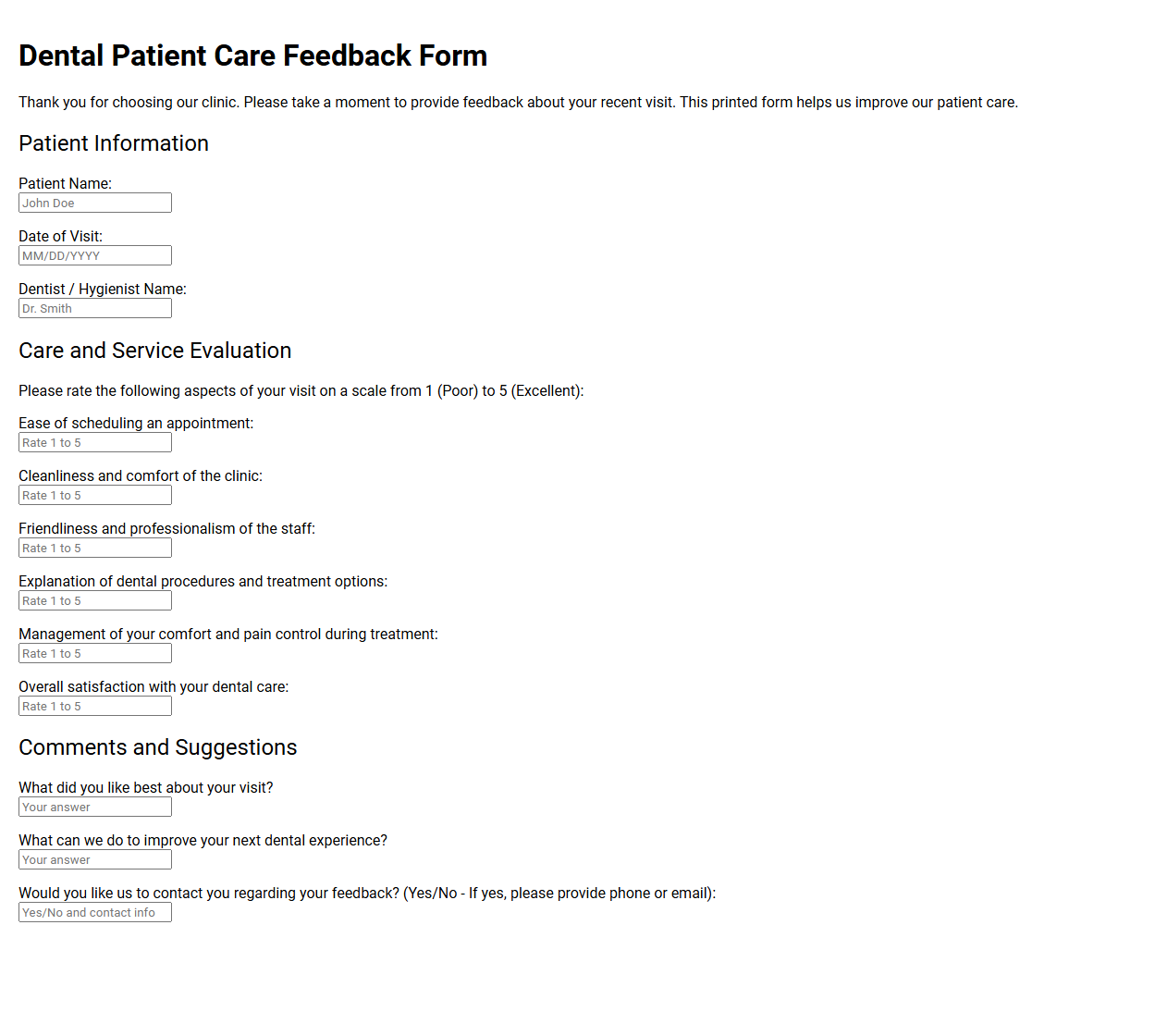 Dental Patient Care Feedback Form