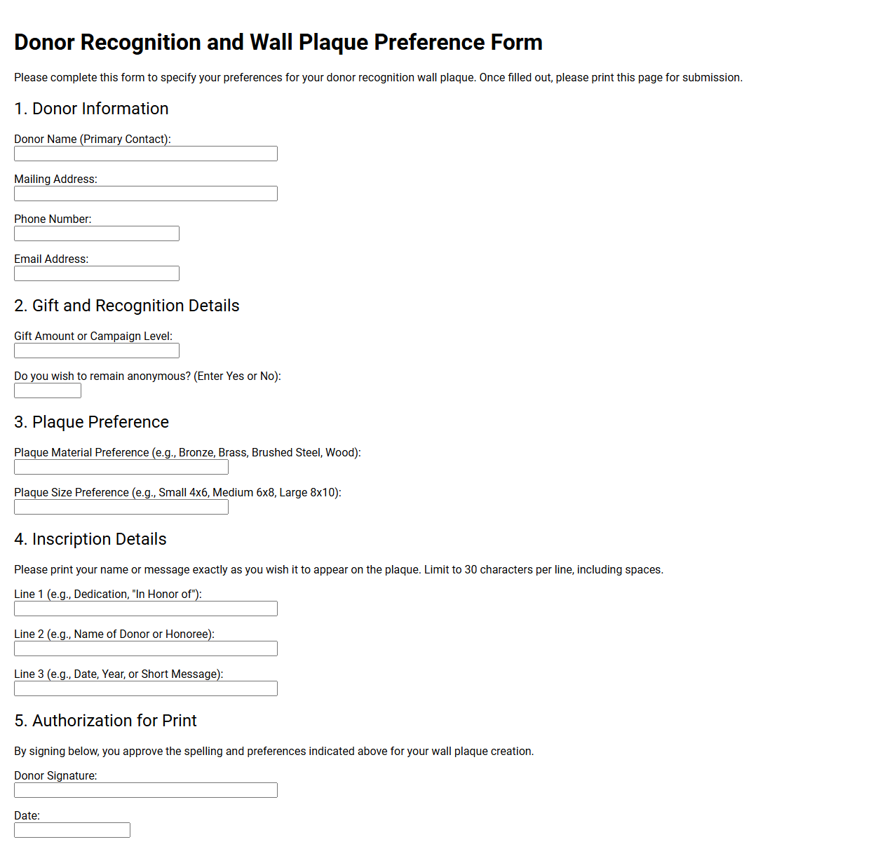 Donor Recognition and Wall Plaque Preference Form