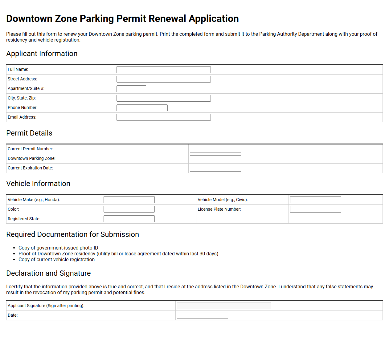Downtown Zone Parking Permit Renewal Template