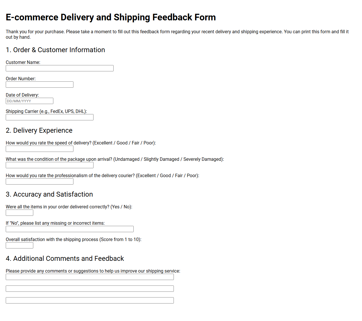E-commerce Delivery and Shipping Feedback Form