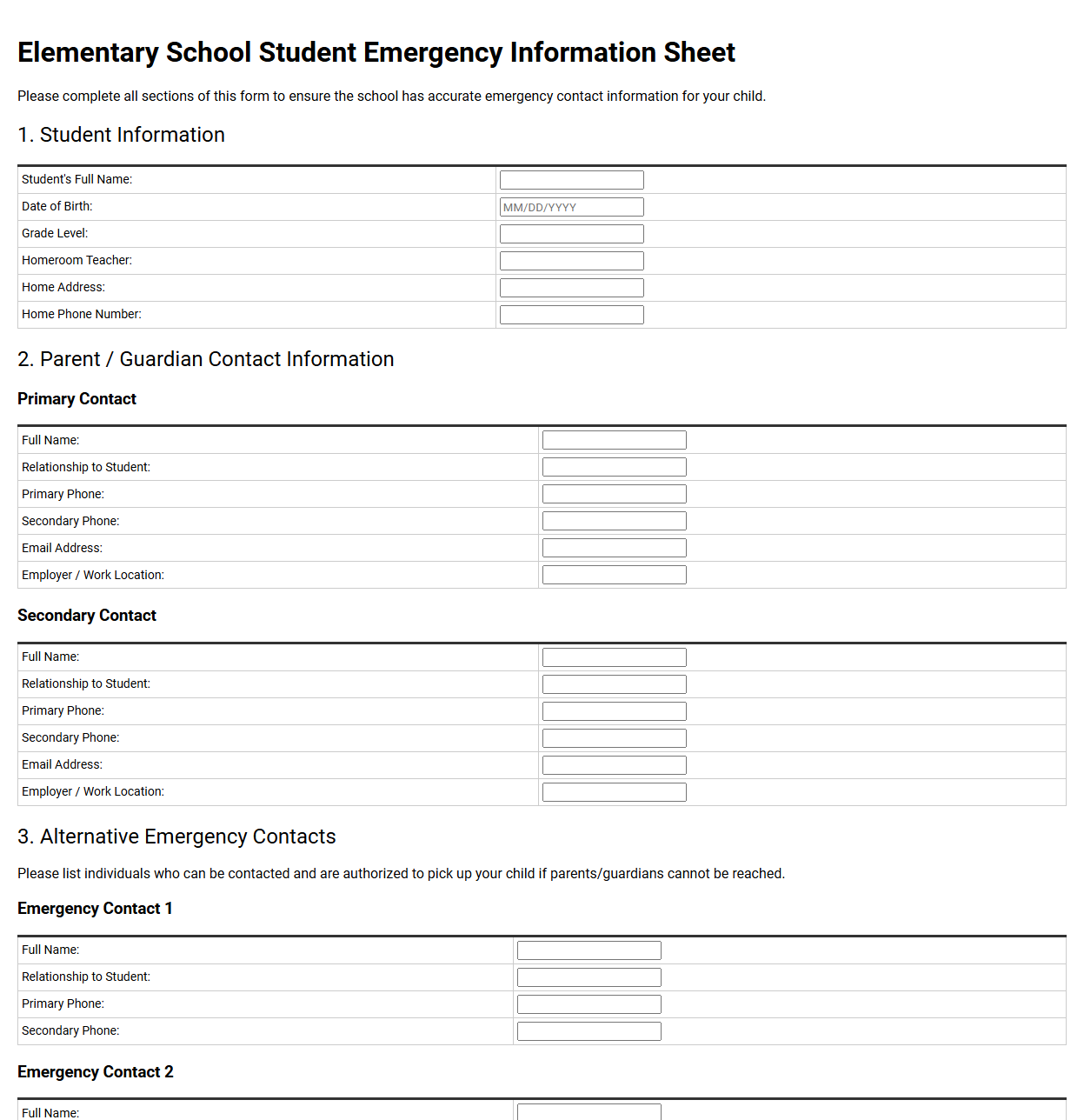 Elementary School Student Emergency Information Sheet
