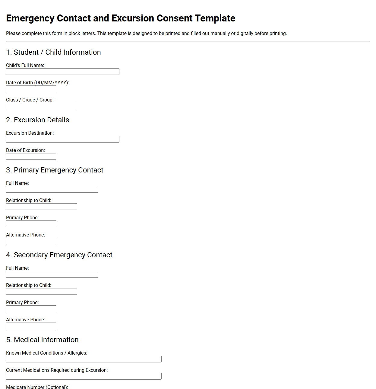 Emergency Contact and Excursion Consent Template