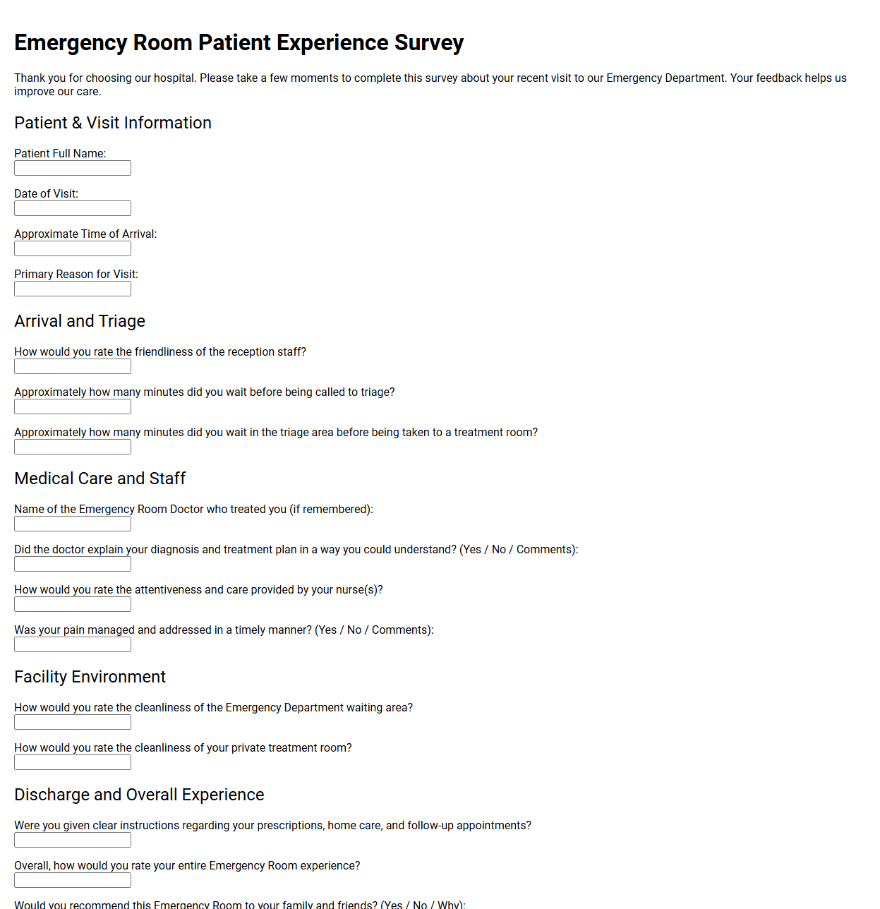 Emergency Room Patient Experience Survey