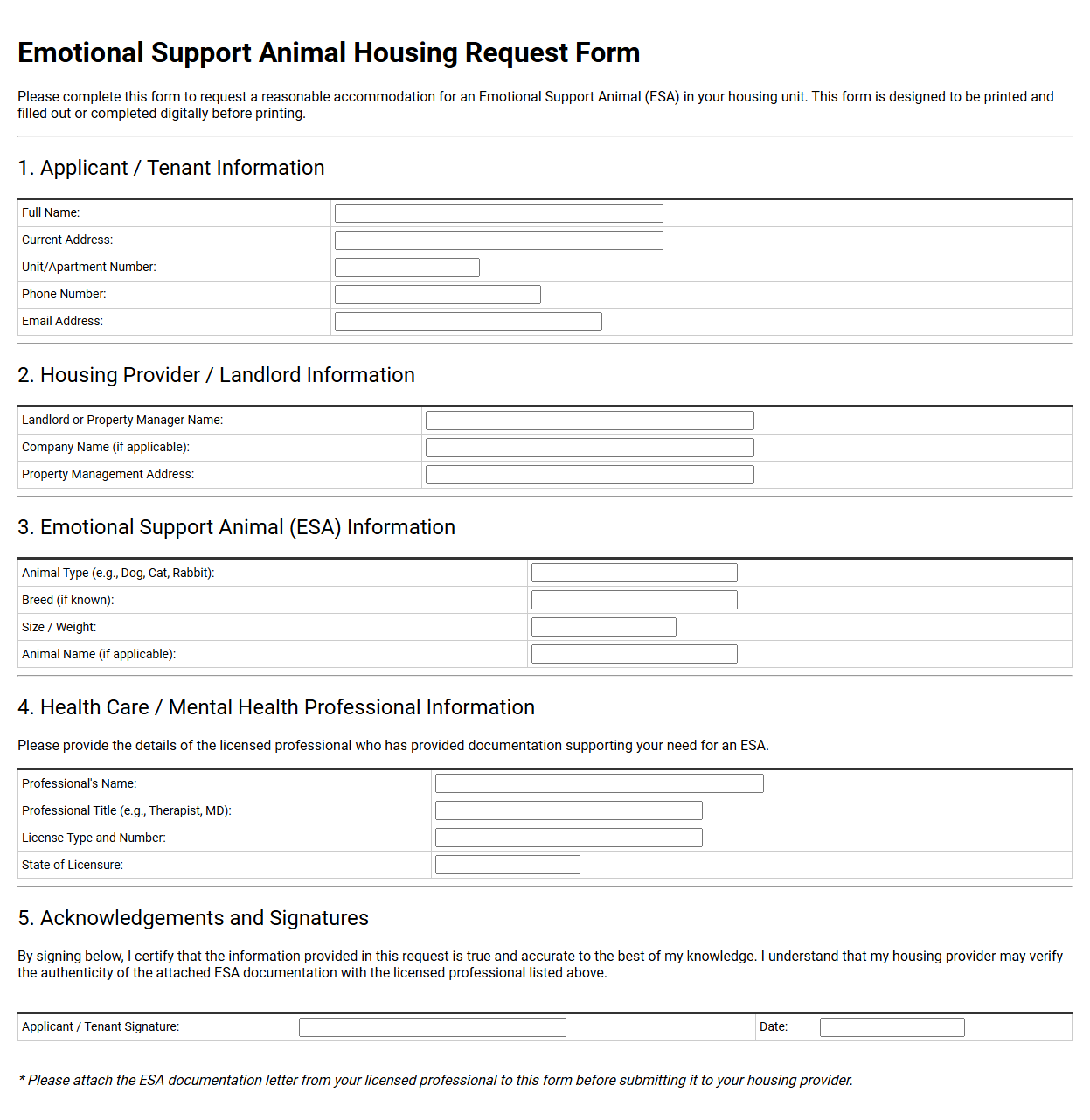 Emotional Support Animal Housing Request Form