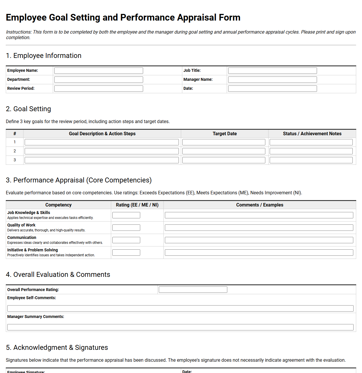 Employee Goal Setting and Performance Appraisal Form