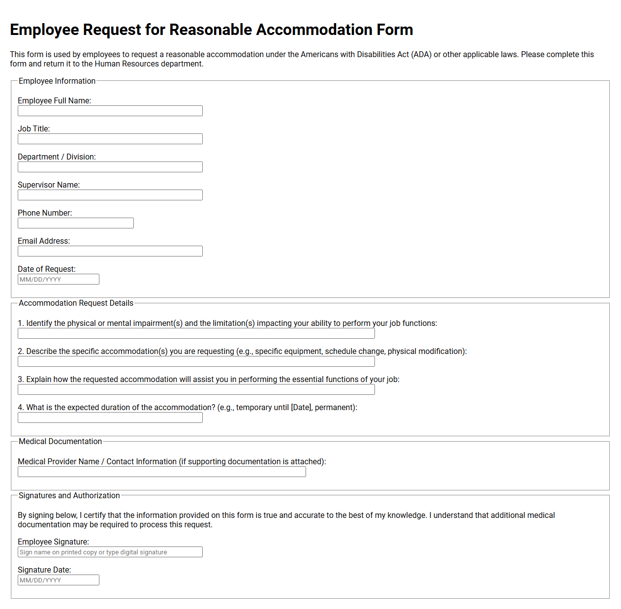 Employee Request for Reasonable Accommodation Form