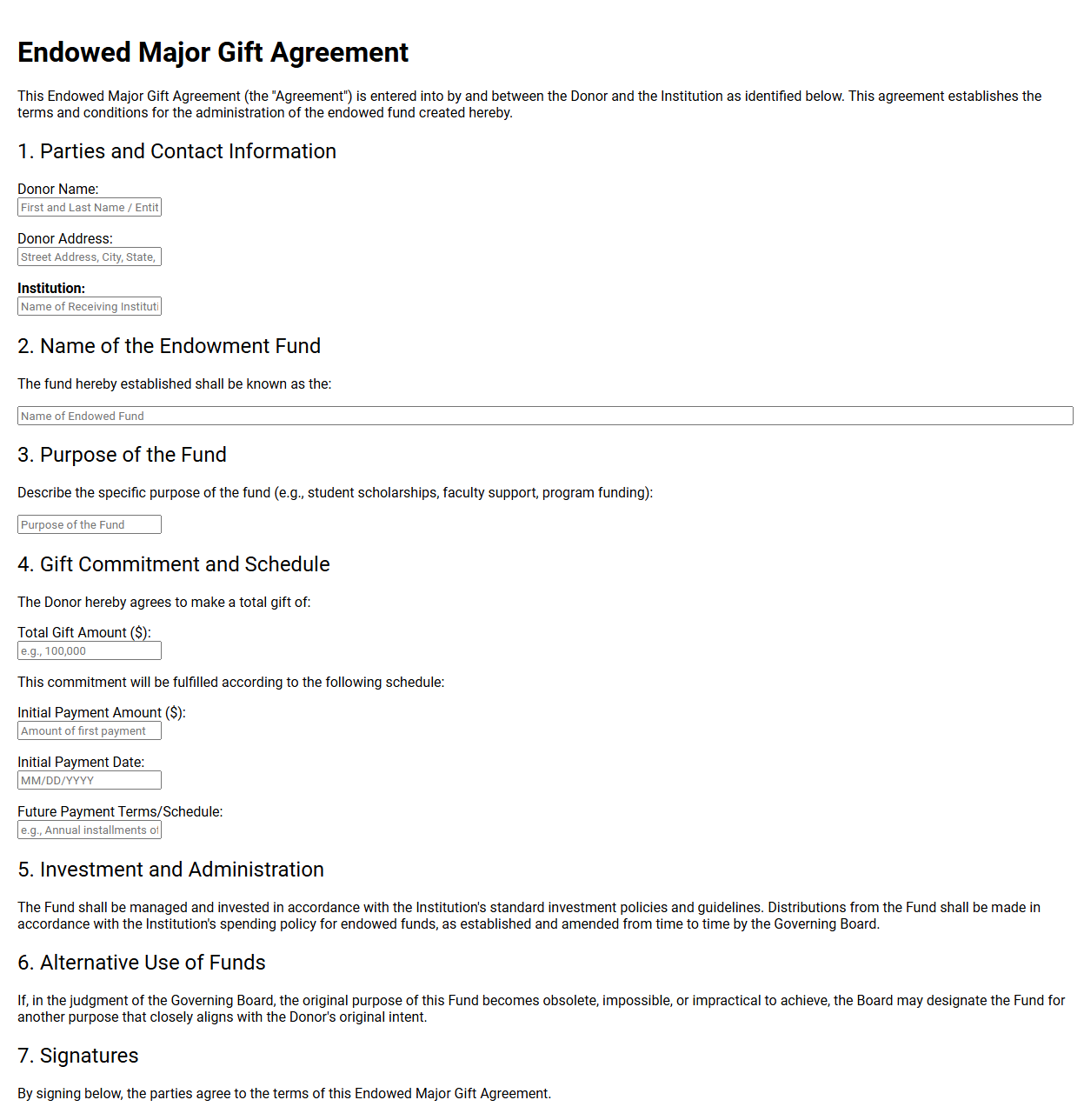 Endowed Major Gift Agreement Template