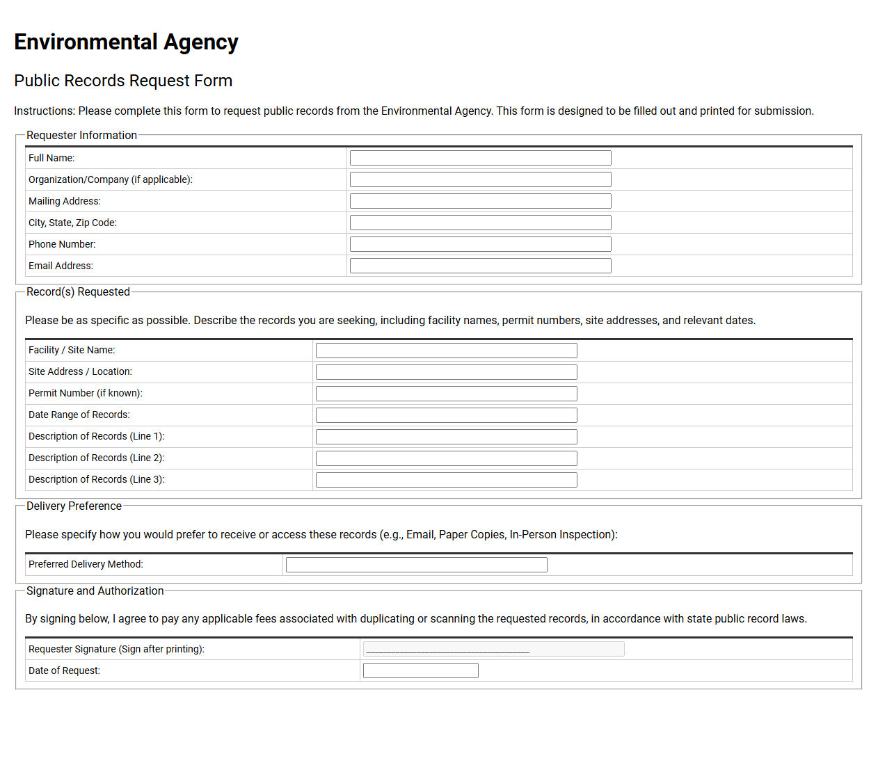 Environmental Agency Public Records Request Form
