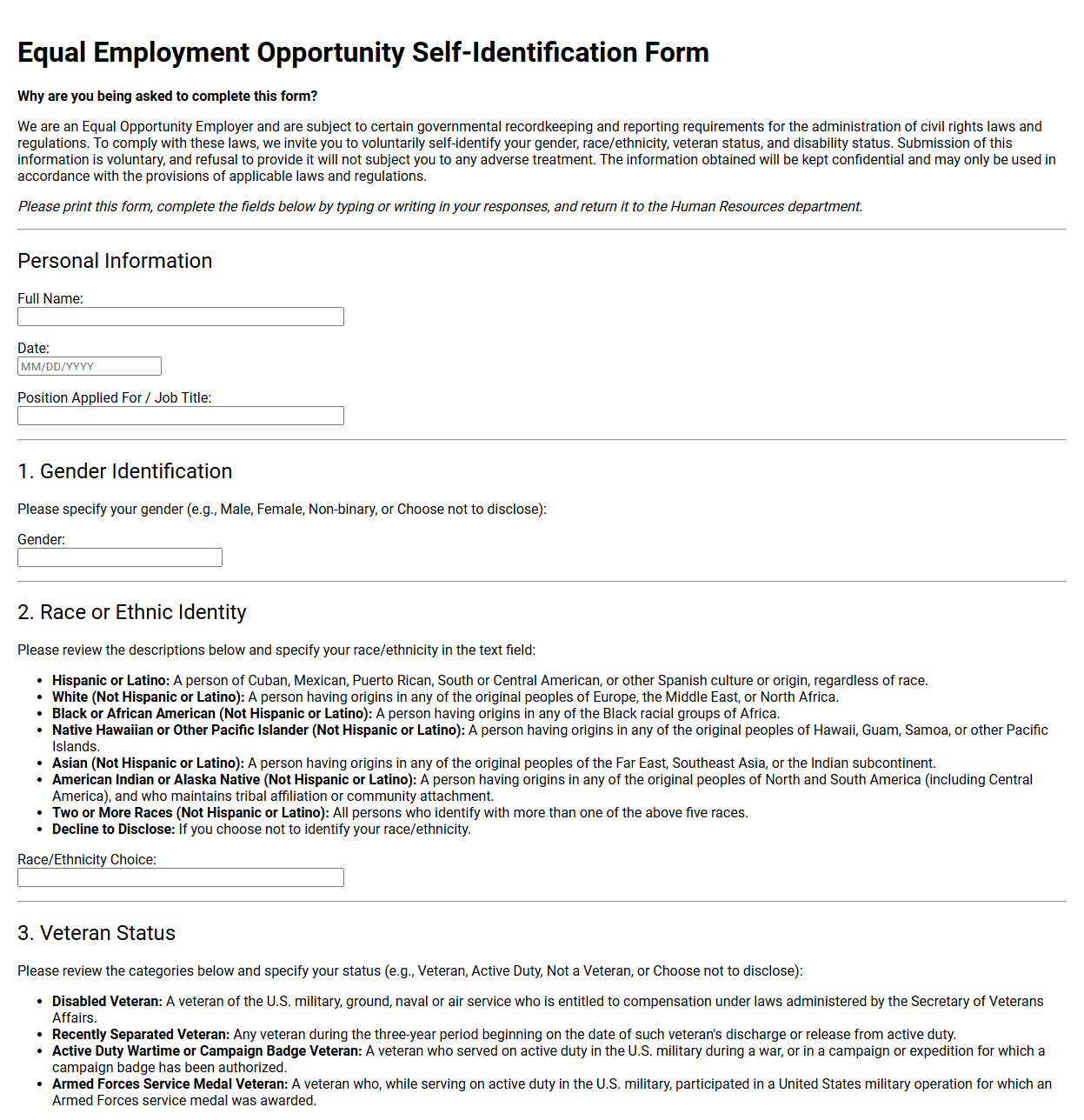 Equal Employment Opportunity Self Identification Form