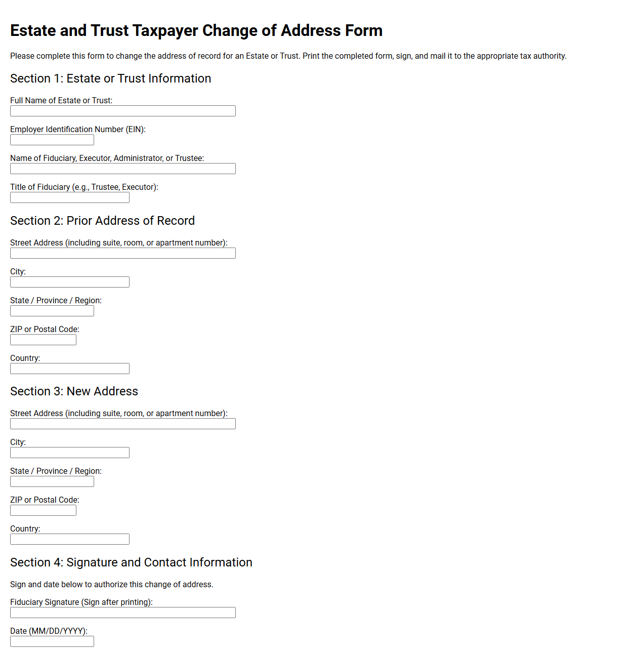 Estate and Trust Taxpayer Change of Address Form
