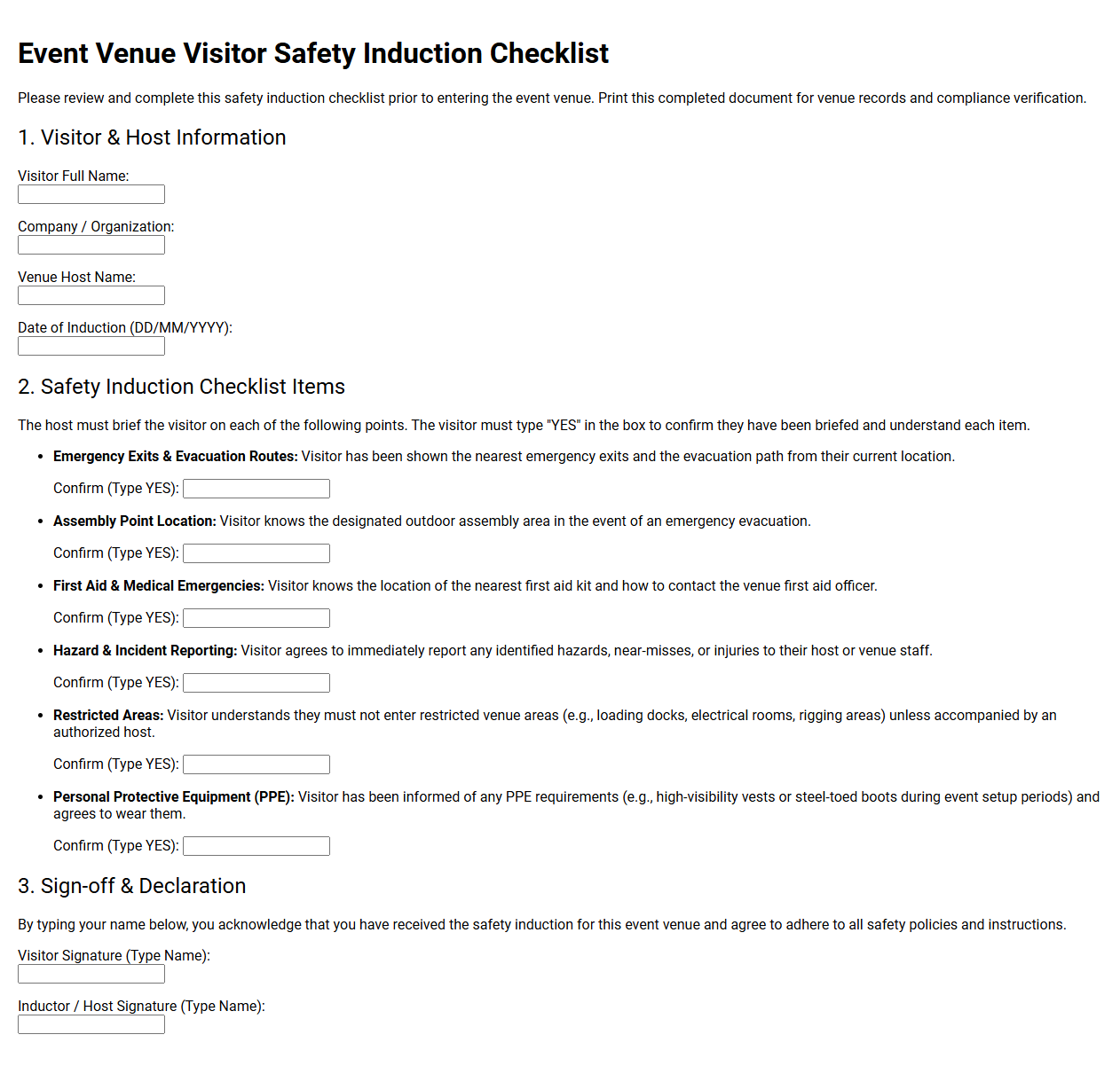 Event Venue Visitor Safety Induction Checklist