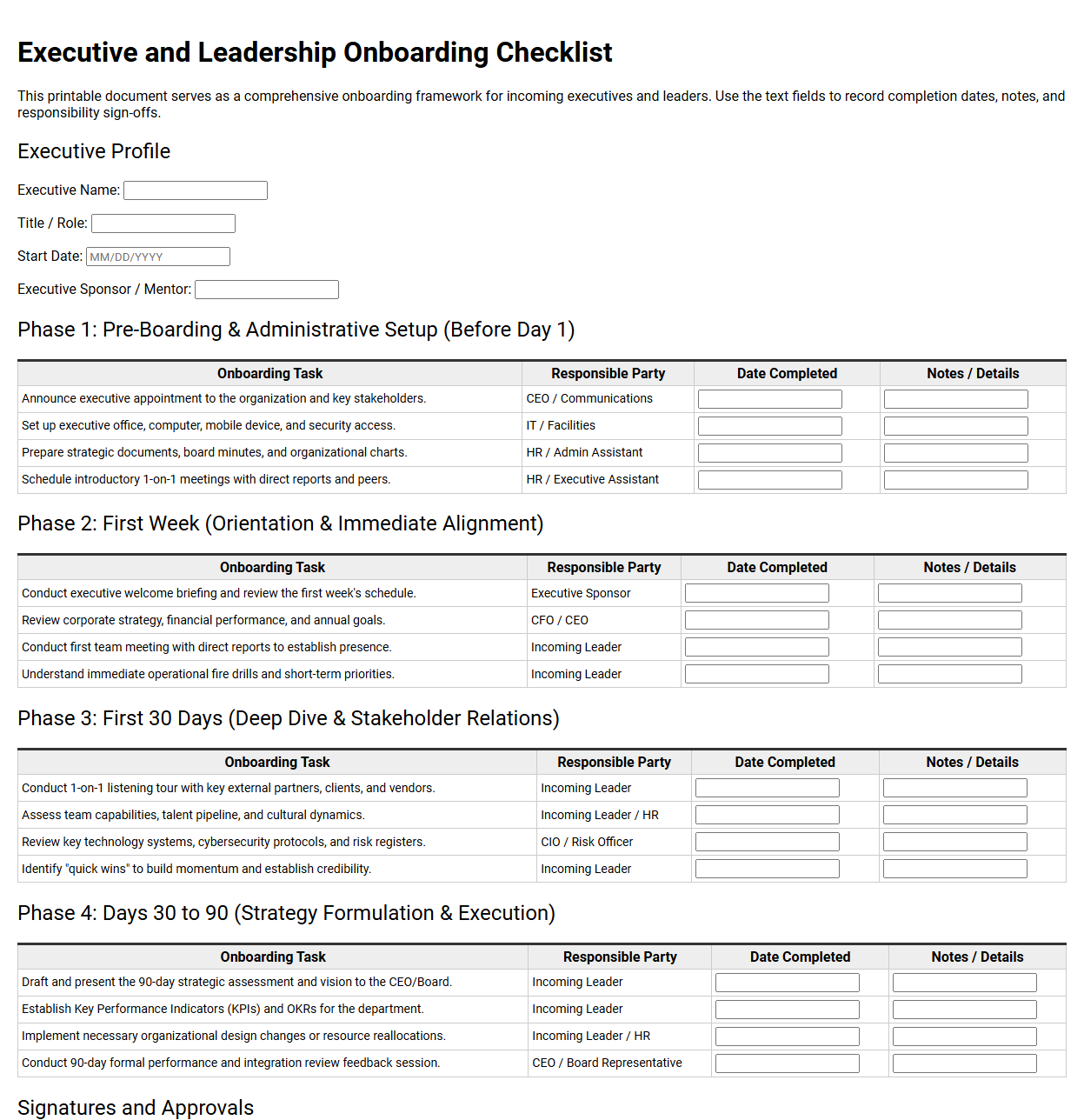 Executive and Leadership Onboarding Checklist