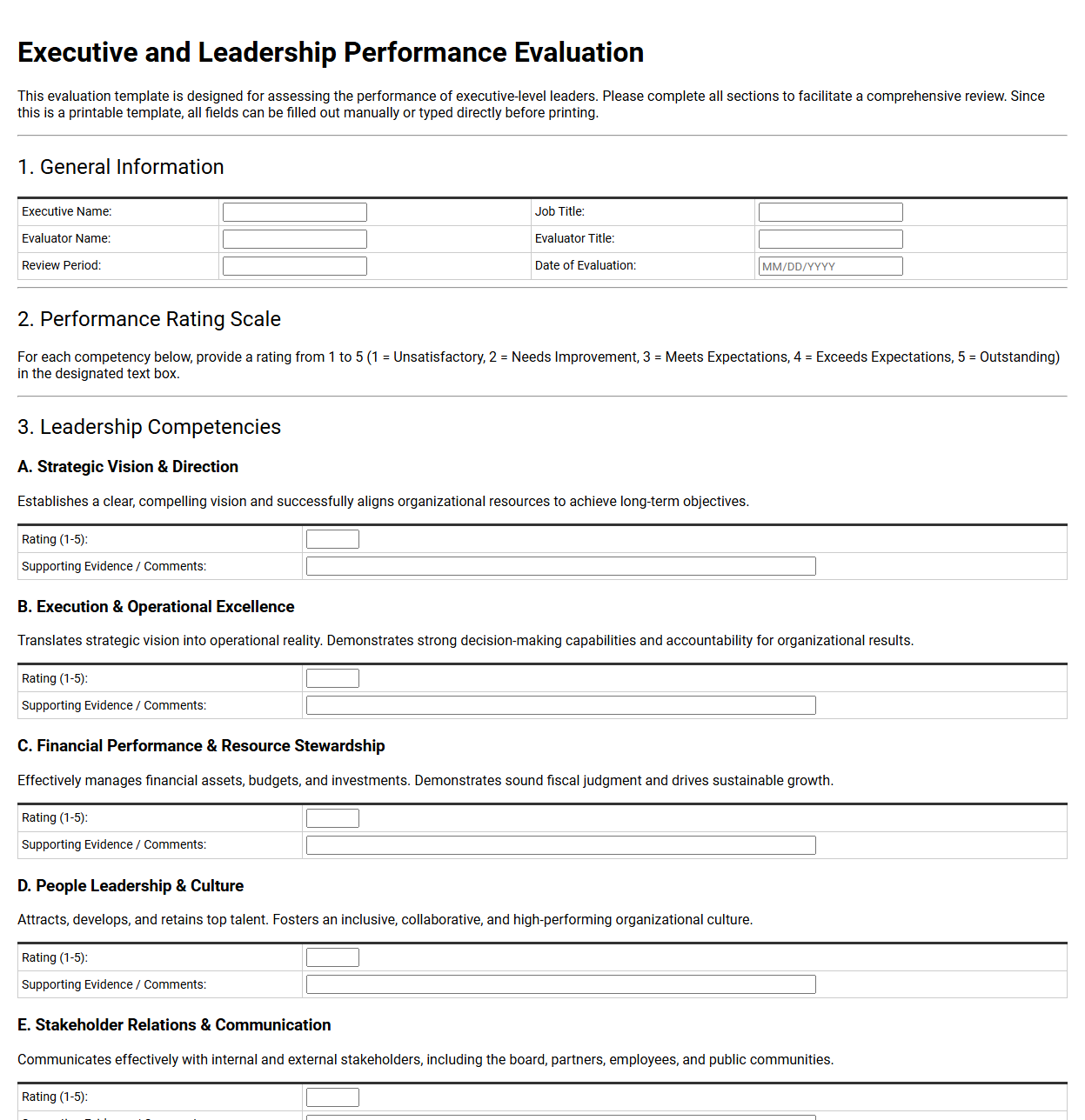 Executive and Leadership Performance Evaluation Template