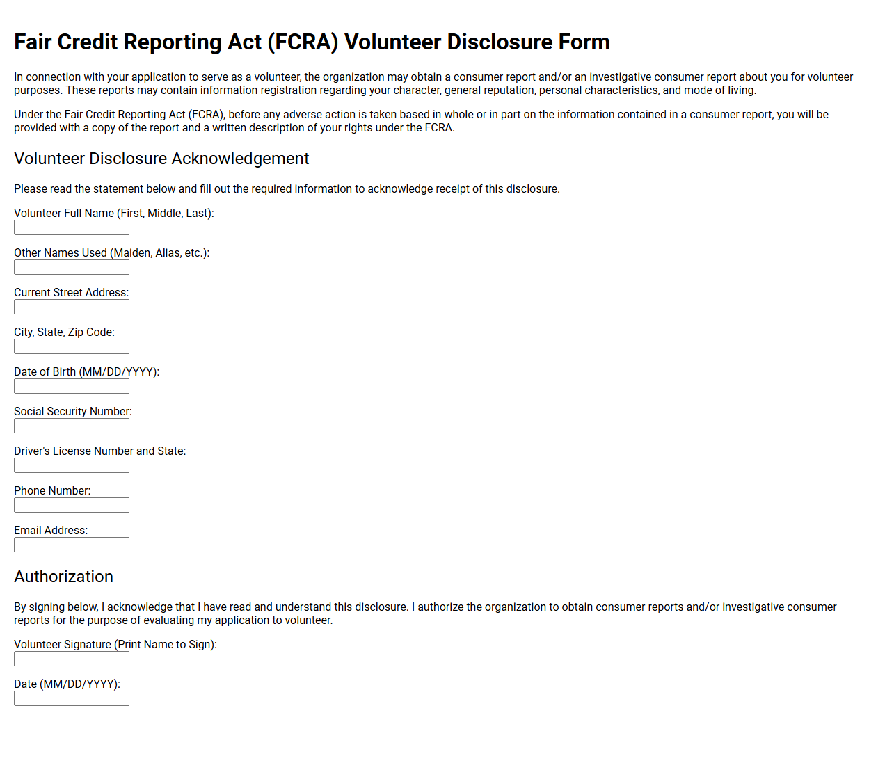 Fair Credit Reporting Act Volunteer Disclosure Form