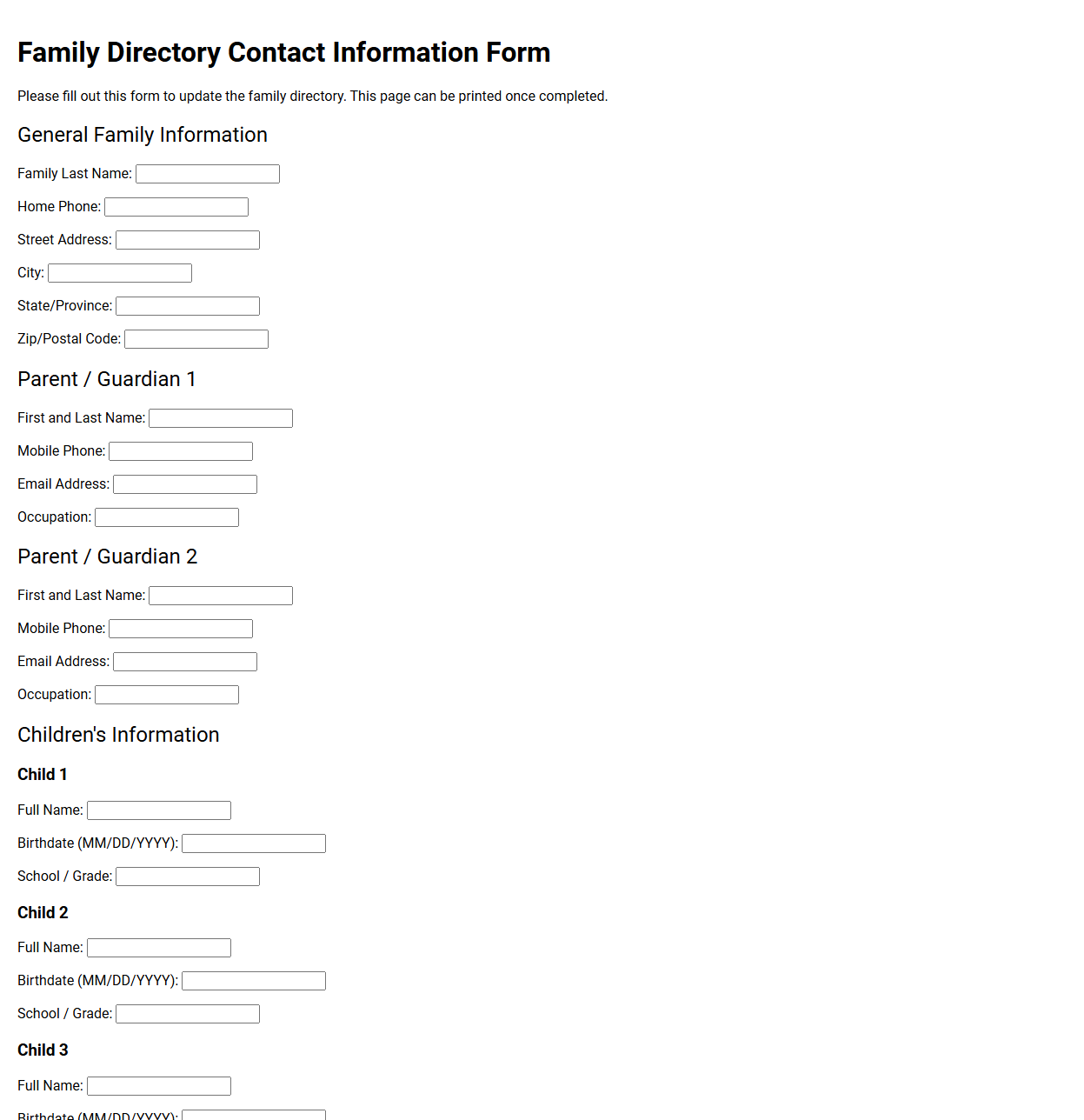 Family Directory Contact Information Form