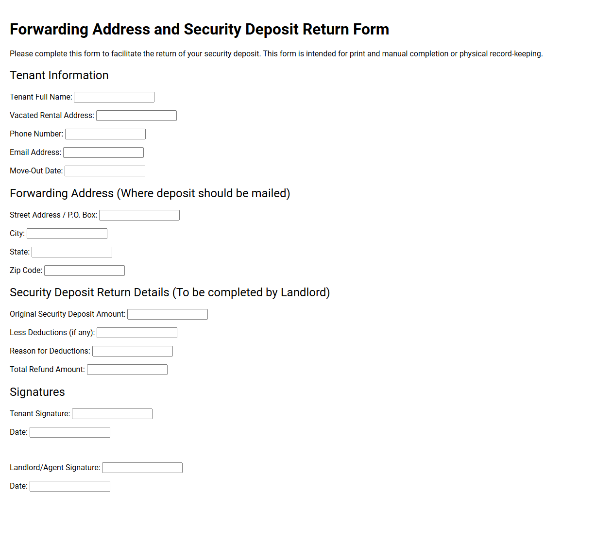 Forwarding Address and Security Deposit Return Form