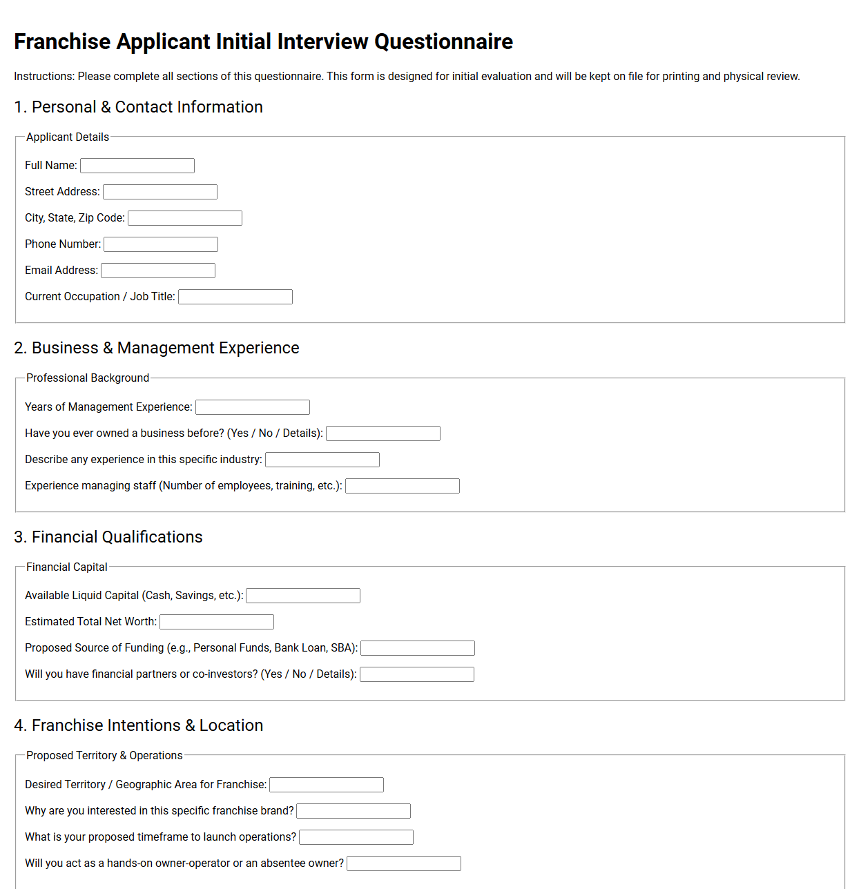 Franchise Applicant Initial Interview Questionnaire