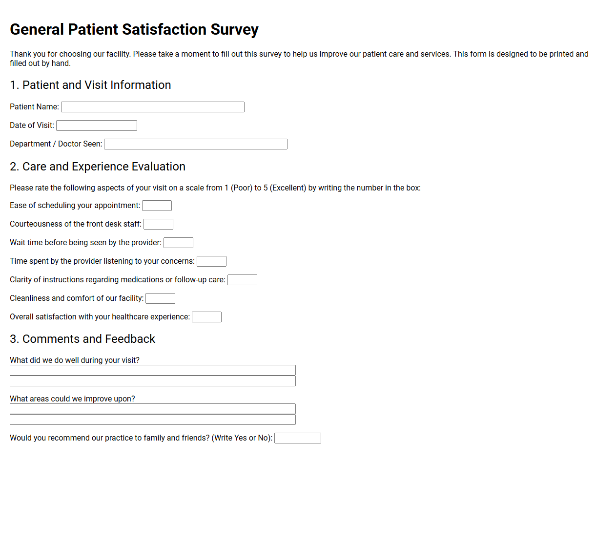 General Patient Satisfaction Survey Form