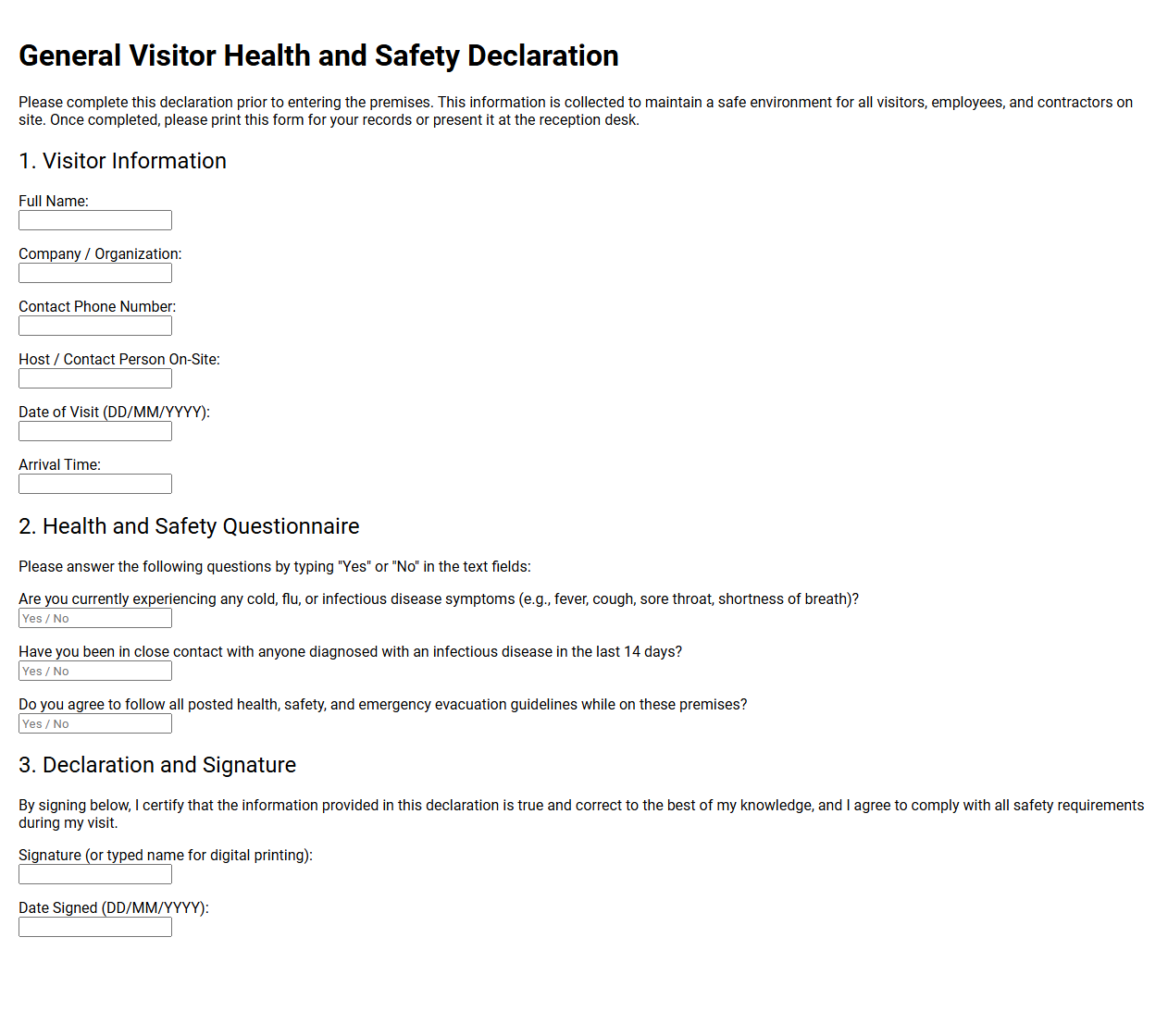 General Visitor Health and Safety Declaration