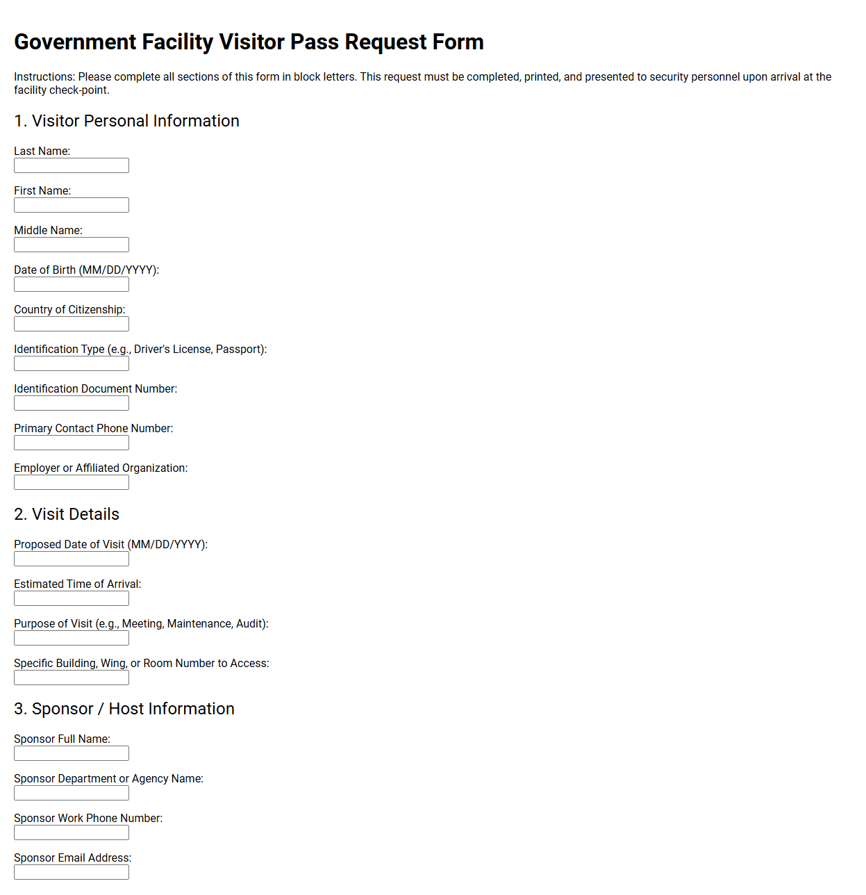 Government Facility Visitor Pass Request Form