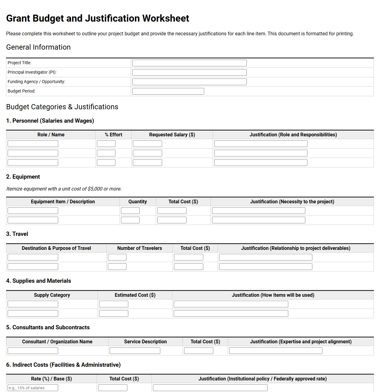 Grant Budget and Justification Worksheet
