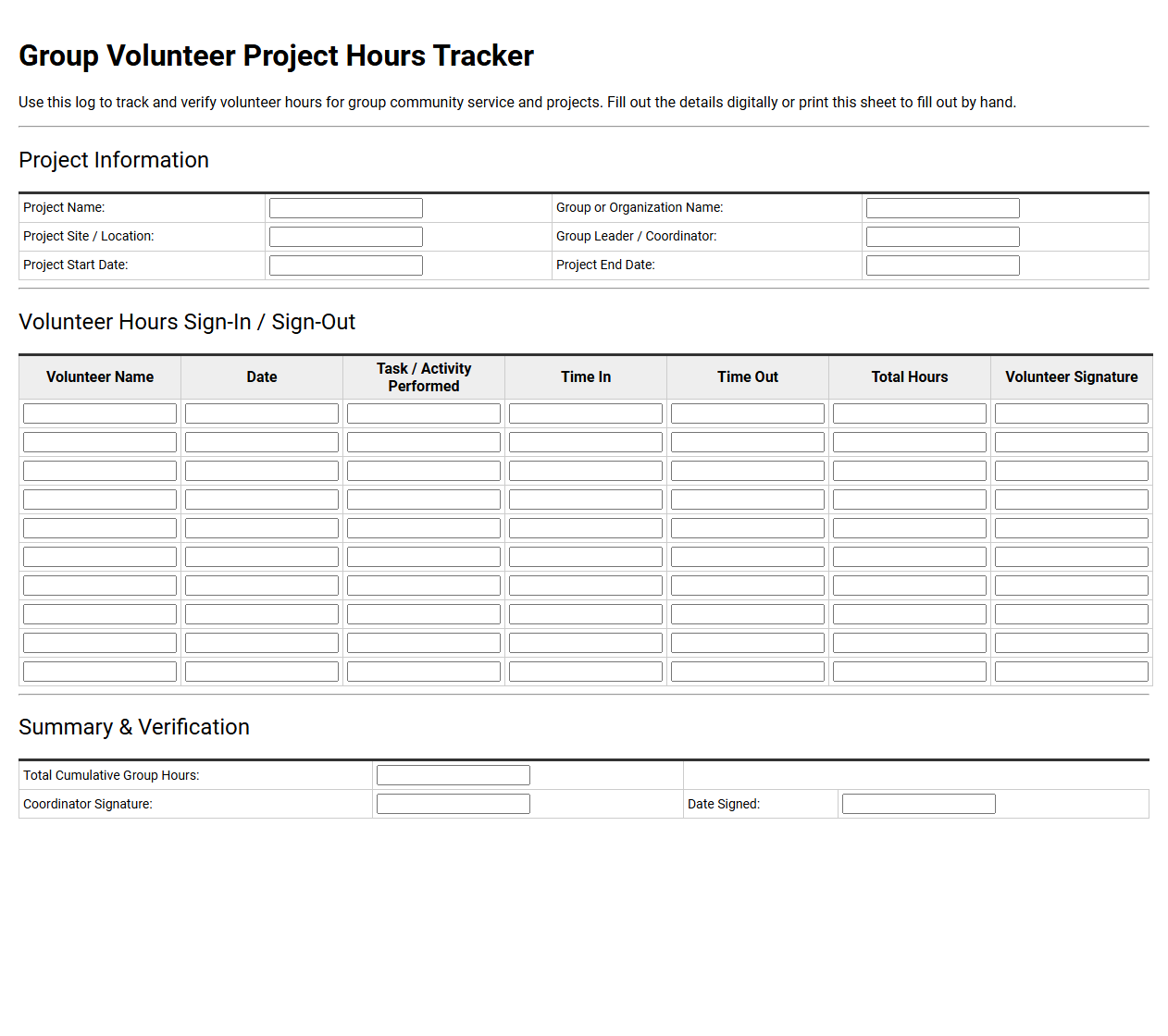 Group Volunteer Project Hours Tracker