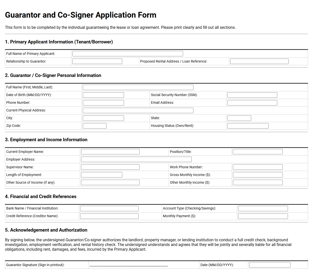 Guarantor and Co Signer Application Form