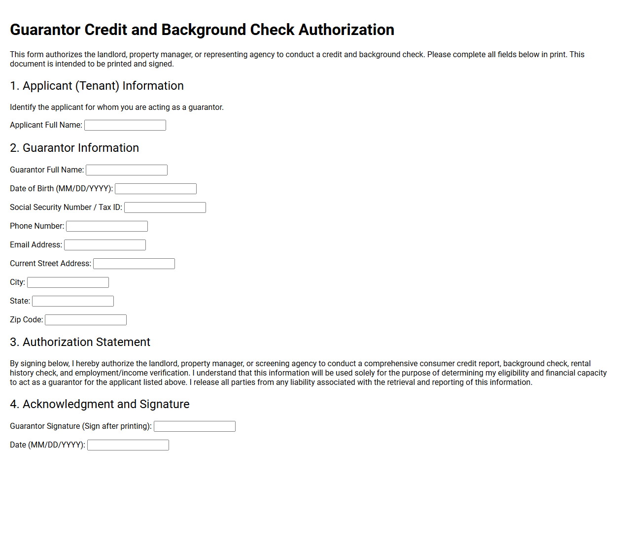 Guarantor Credit and Background Check Authorization
